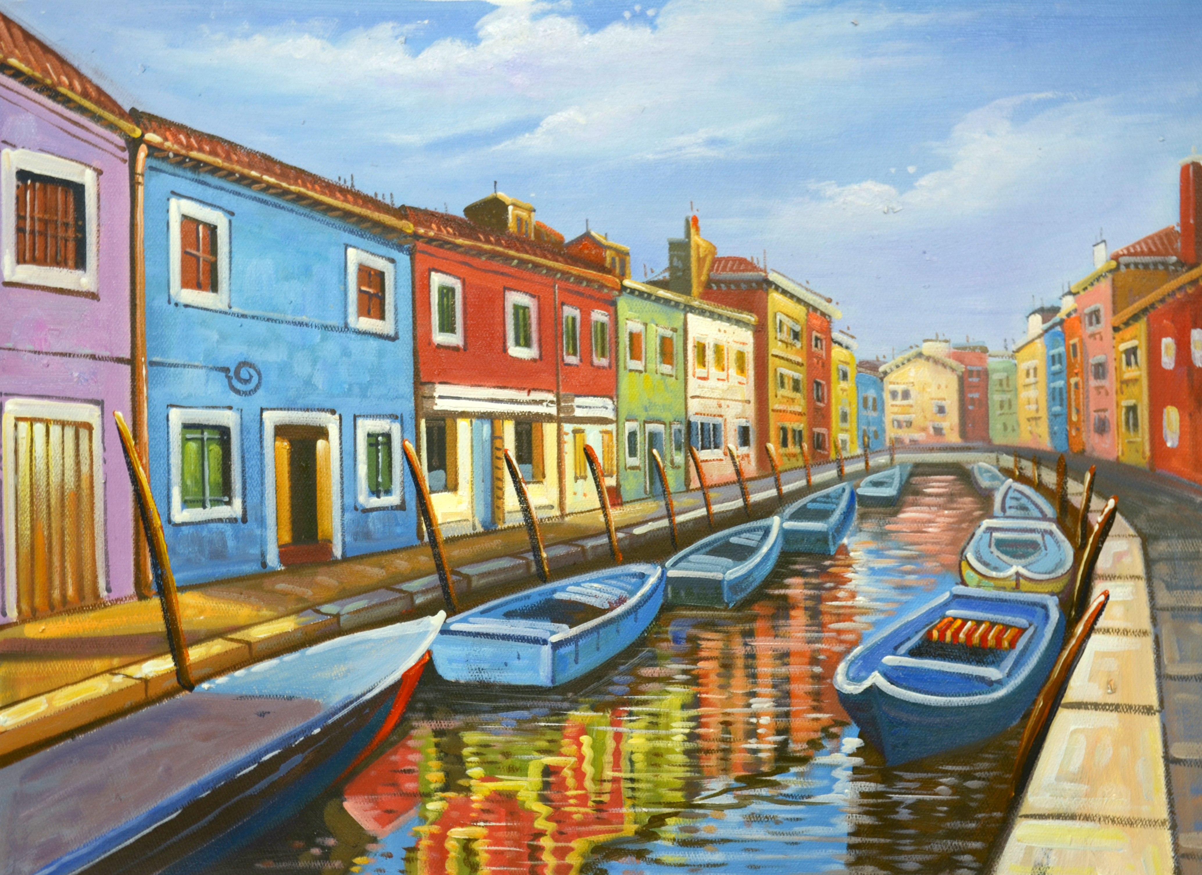 Hand-painting Colorful Venice Houses Side By Oil Painting Large Rest Room